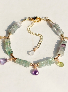 天然渐变萤石紫黄水晶月光石14k包金设计感复古轻奢原创日系手链