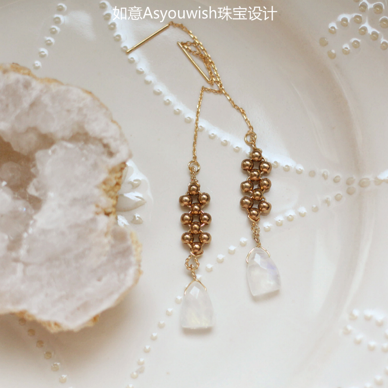 天然白月光石14k包金珠编织耳环