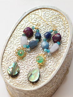 原创设计天然蓝晶石绿玛瑙贝壳14k注包金小众中古风复古耳环耳夹