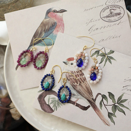 原创7月生辰石红宝石青金石玉髓14k包金注金日系小耳环耳夹agete