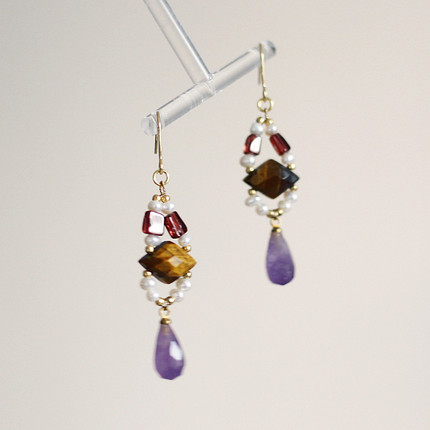 原创天然紫水晶虎眼石榴石珍珠14k注包金小众宫廷复古风耳环耳夹