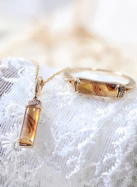 日系轻奢925银镀金Aget*人造琥珀复古吊坠锁骨链项链戒指女