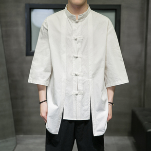 男青年加大码 中国风夏季 民族复古风 唐装 假两件衬衫 功夫衫 中式 短袖