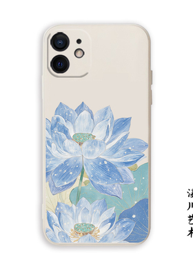 蓝色荷花文艺清新艺术适用苹果16promax手机壳15小米13全包p80华为nova14透明mate60荣耀400硅胶oppo防摔vivo