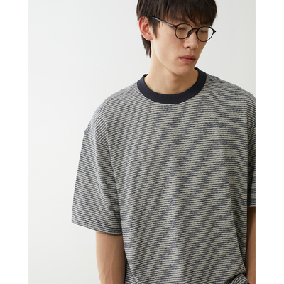 汉麻有机棉混纺抗UV防异味解构宽松条纹T恤男 kurokawa黑川