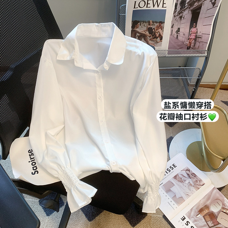 外贸大牌清仓捡漏专柜撤回女装大码衬衣韩版学院风喇叭袖白色衬衣