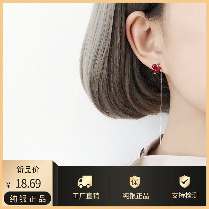银饰小清新三颗小圆珠红豆耳坠S925纯银耳线长款气质个性耳环