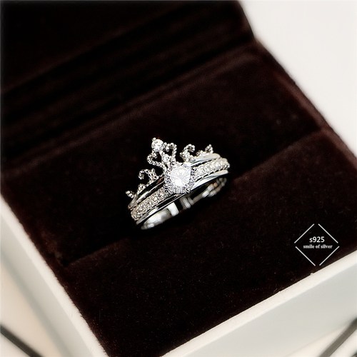 s925纯银皇冠双层皓石开口戒指女日韩个性网红同款二合一公主指环