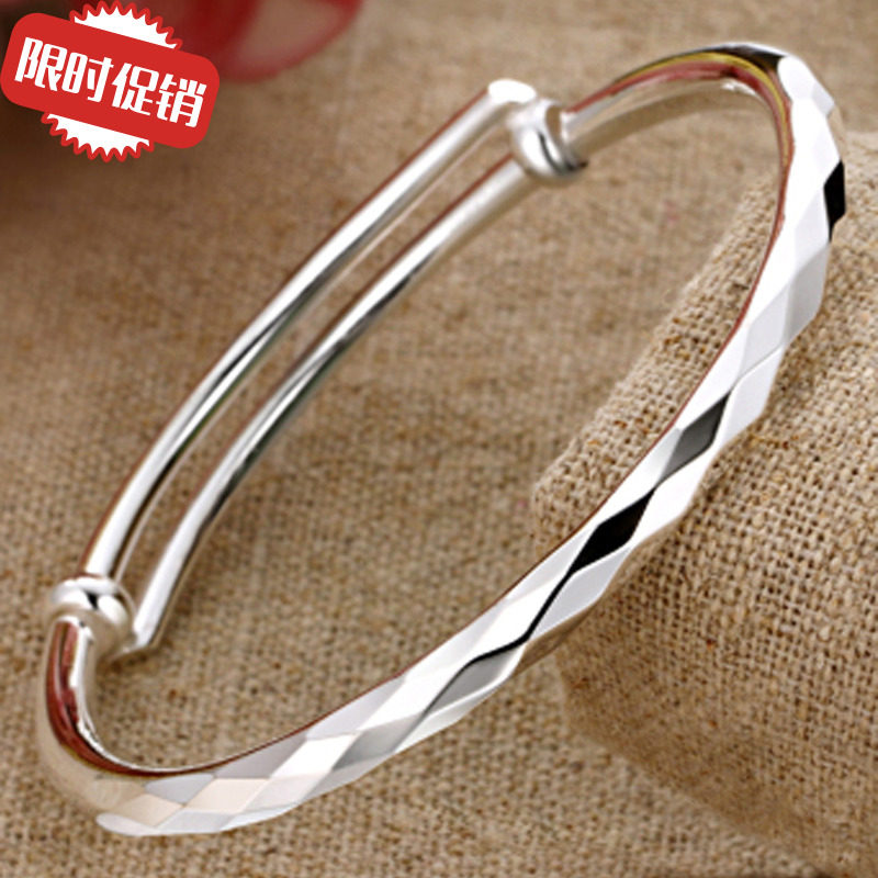 银手镯女简约推拉光面菱形银镯子韩版时尚纯银手环女友母亲节礼物