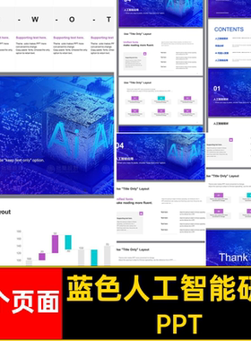 蓝色人工智能研究PPT科技款1分析报告14个页面Ai模板素材市场研究