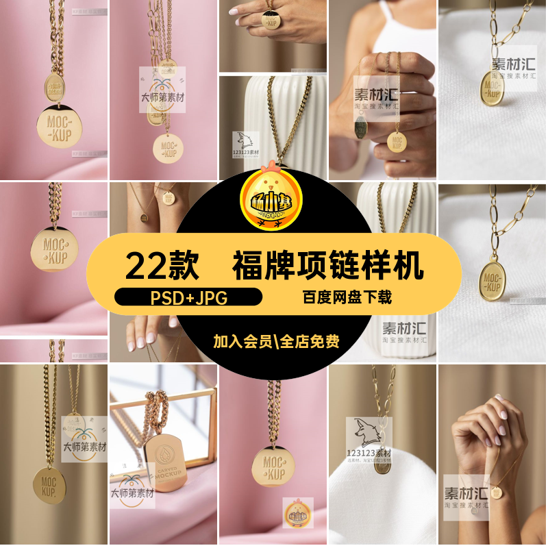 首饰牌项链样机ps22款吊坠福牌图案智能标志设计贴图素材vi雕刻