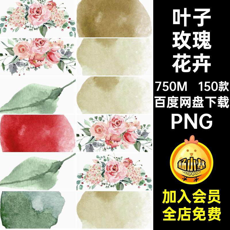 150款水彩手绘玫瑰花卉贴画优雅免剪贴png插画PNG拼叶子花环抠图