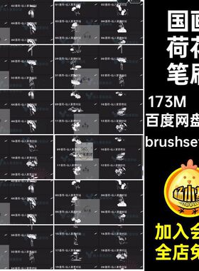 荷叶荷花笔刷brushset abr国风45款古典国画传统水墨荷花笔刷ps