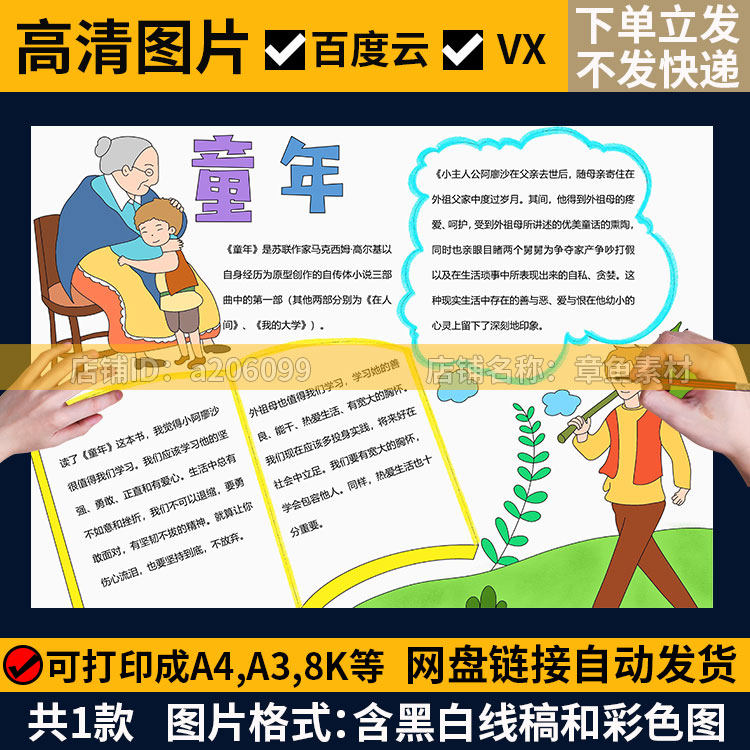课外阅读高尔基童年好书推荐卡阅读描线涂色空白中学生手抄报模板