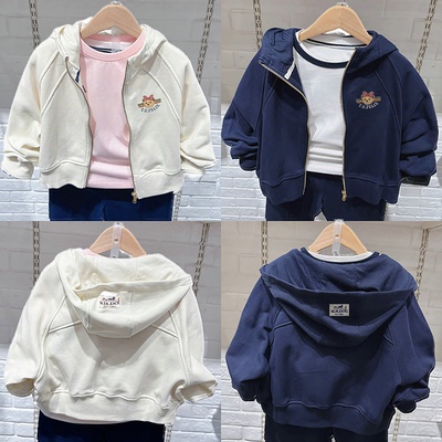 春季新款围尼小熊女童毛圈棉连帽拉链开衫外套纯棉验货品质