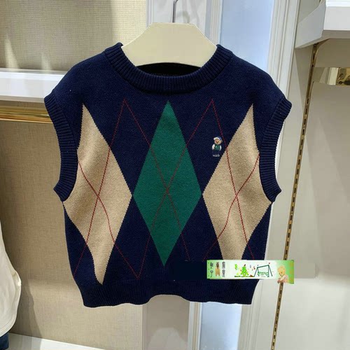 白菜价春秋冬款围尼小熊男童提花菱形格针织马甲纯棉抗起球毛线背