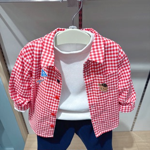春季新款围尼小熊男童纯棉格子衬衫儿童宝宝纯棉衬衣外套验货品质