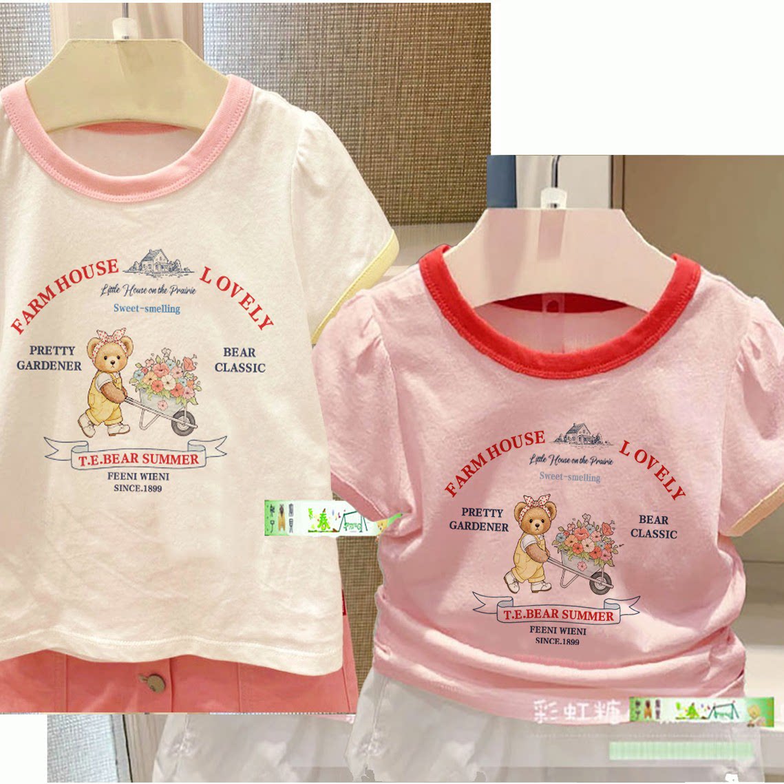 25夏款围尼小熊女童T恤印花宝宝纯棉汗衫儿童宝宝短袖汗衫