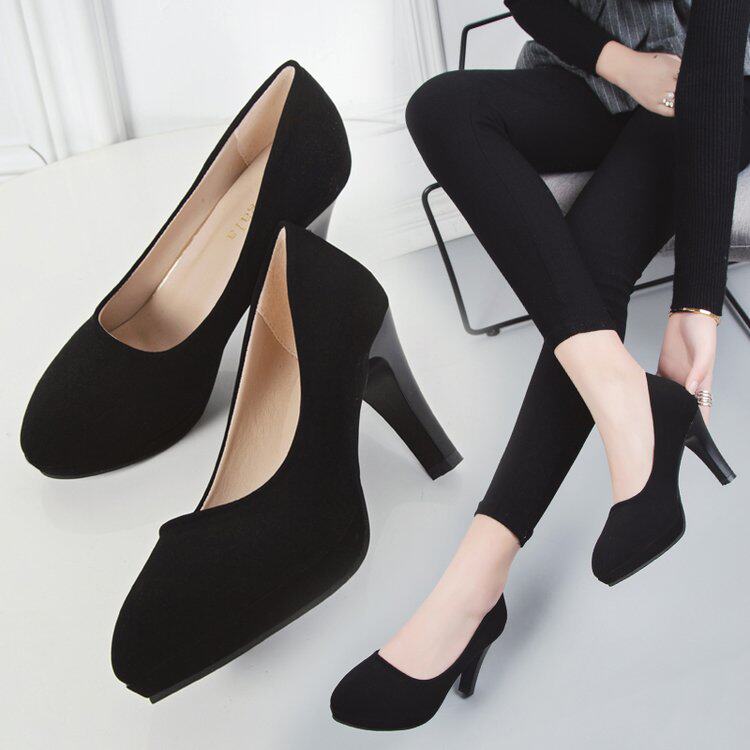 高跟鞋女圆头细跟黑色绒面工作大学生礼仪职业中跟5cm大码黑浅口7