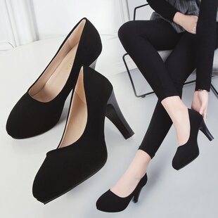 高跟鞋女圆头细跟黑色绒面工作大学生礼仪职业中跟5cm大码黑浅口7