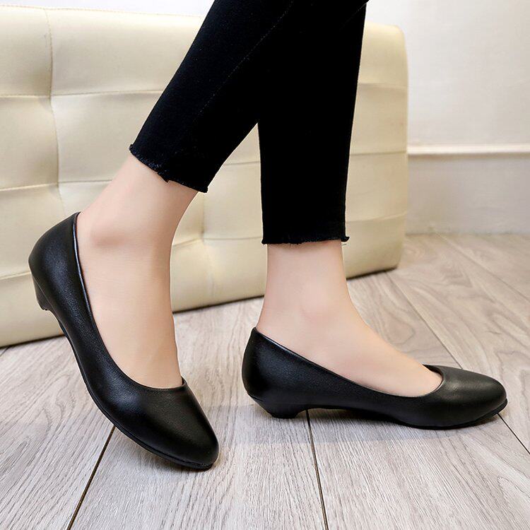 高跟鞋女低跟2cm坡跟百搭舒适工作职业单鞋圆头上班黑色皮鞋浅口3