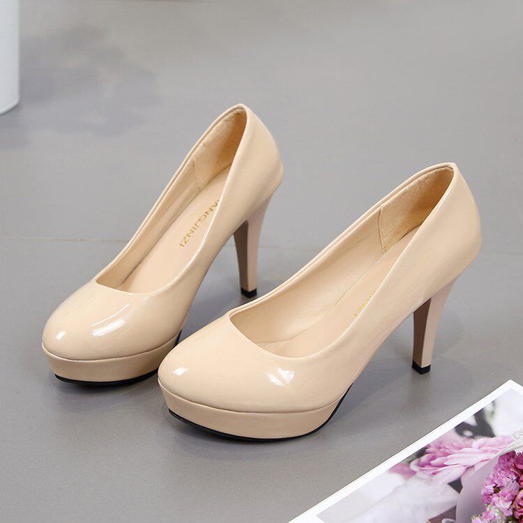 裸色高跟鞋女10cm7公分防水台百搭工作COS礼仪正装圆头漆皮工作细