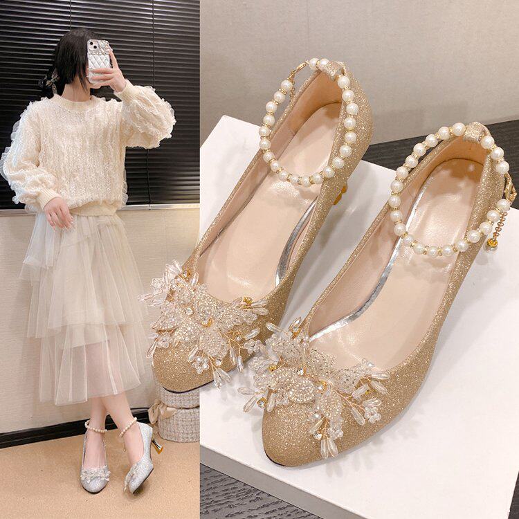 高跟鞋女2026年新款粗跟中跟5公分亮片水晶圆头百搭礼服伴娘单鞋