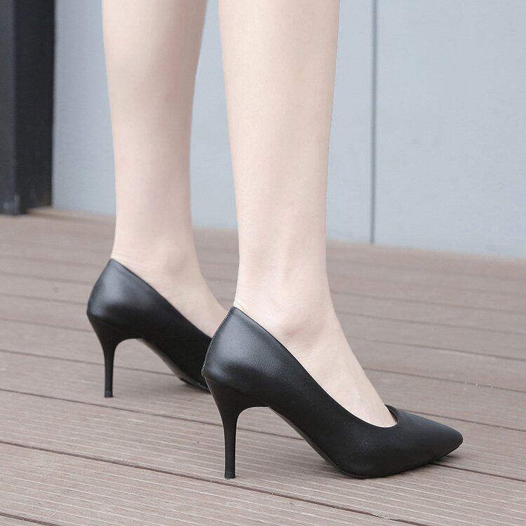 百搭高跟鞋女低跟3cm细跟尖头黑色工作职业浅口大码学生礼仪单中5