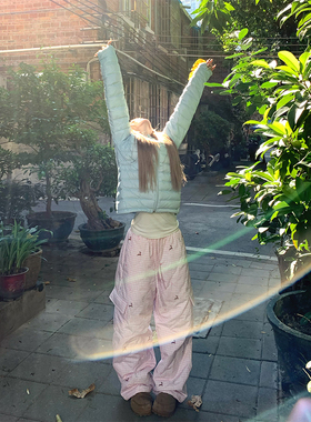 NECOYEP 美式拼色格子阔腿棉裤男女秋冬宽松百搭保暖直筒拖地长裤