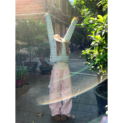 NECOYEP 美式拼色格子阔腿棉裤男女秋冬宽松百搭保暖直筒拖地长裤