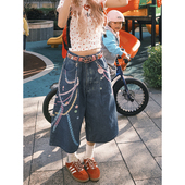 男女宽松阔腿短裤 NECOYEP 3D链条彩色印花七分牛仔裤 美式 2025春季