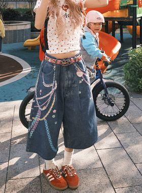 NECOYEP 2025春季美式3D链条彩色印花七分牛仔裤男女宽松阔腿短裤