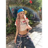 T恤女辣妹修身 复古爱心狗爪满印短款 显瘦上衣 美式 NECOYEP2025春季