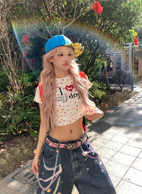 NECOYEP2025春季美式复古爱心狗爪满印短款T恤女辣妹修身显瘦上衣