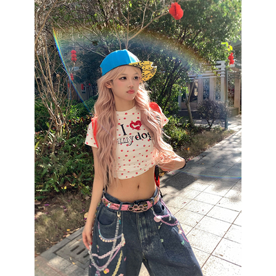 NECOYEP2025春季美式复古爱心狗爪满印短款T恤女辣妹修身显瘦上衣