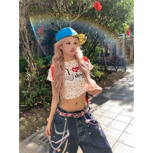 NECOYEP春夏季美式复古爱心印花短袖短款T恤女生辣妹修身显瘦上衣