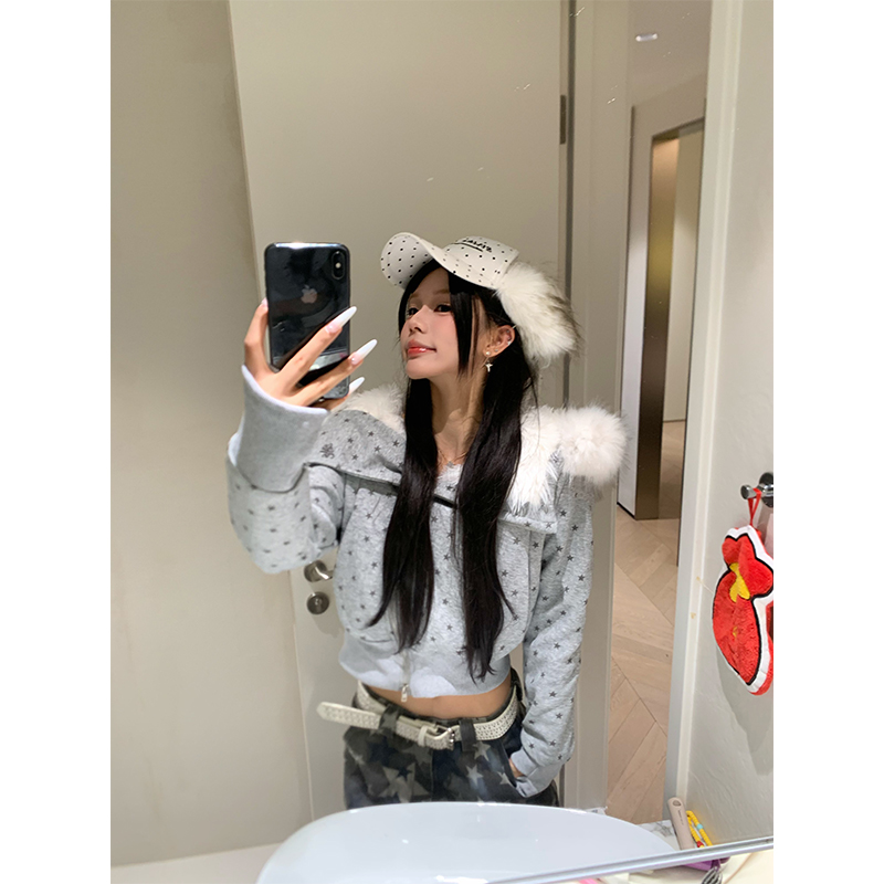 NECOYEP美式复古星星满印毛领连帽加绒棉衣卫衣外套男女宽松上衣