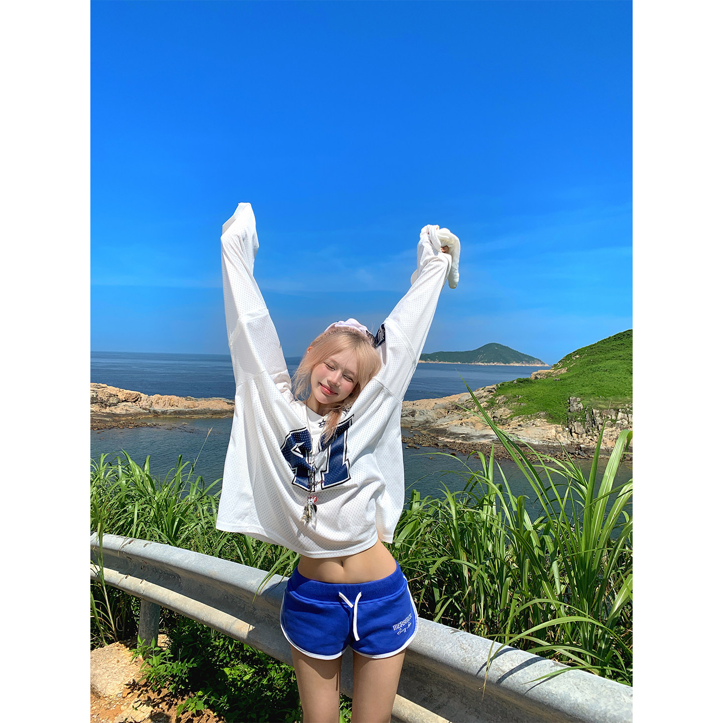 NECOYEP美式V领网眼球衣数字印花长袖T恤男女宽松休闲运动上衣