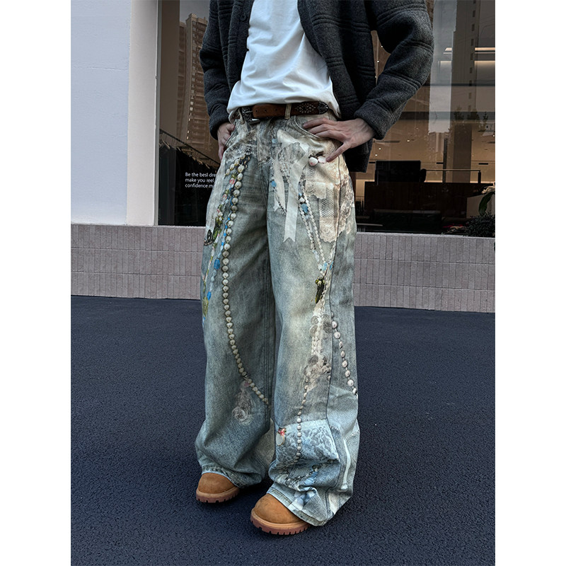 NECOYEP 美式复古珠链蕾丝3D印花牛仔裤男女宽松休闲阔腿长裤潮,男装,牛仔裤,淘宝优惠券,粉丝福利购,淘宝优惠卷