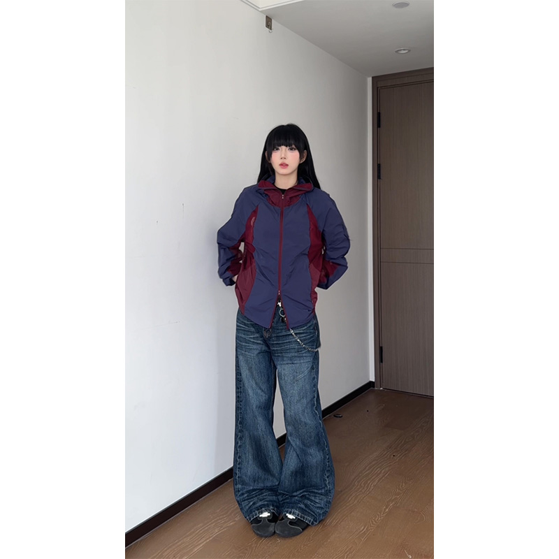 NECOYEP 夏季美式拼色户外轻薄冲锋衣夹克男女宽松运动防晒外套