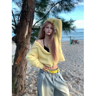 NECOYEP 美式复古翻领针织毛衣开衫女宽松休闲百搭慵懒长袖外套