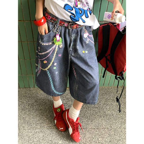 NECOYEP美式复古3D链条彩色印花七分裤牛仔裤男女夏宽松阔腿短裤