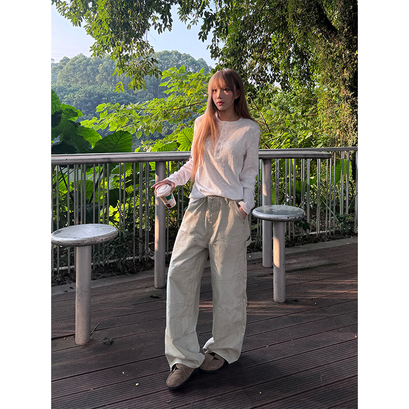 NECOYEP 美式复古抽绳系带伐木裤男女宽松百搭直筒设计感工装长裤