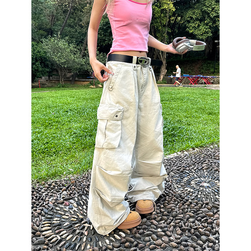 NECOYEP 美式高街字母刺绣大口袋工装裤男女宽松休闲直筒阔腿长裤