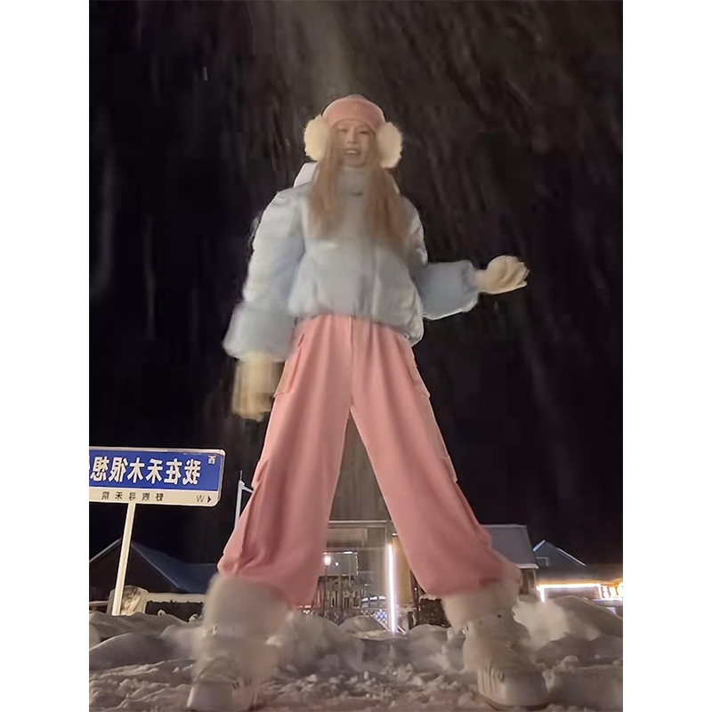 NECOYEP 美式多口袋抽绳松紧腰加绒休闲裤男女宽松阔腿街头长裤