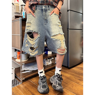 NECOYEP美式复古水洗破洞时髦牛仔短裤男女夏宽松休闲清凉五分裤