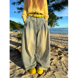 男女宽松休闲直筒百搭潮长裤 复古水洗做旧阔腿牛仔裤 美式 NECOYEP