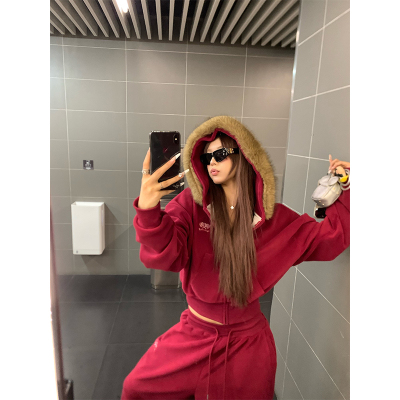 NECOYEP 美式基础款毛领连帽加绒卫衣男女春秋宽松百搭帽衫外套