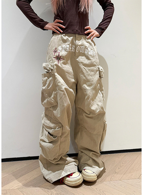 NECOYEP 美式设计感多口袋阔腿工装裤男女宽松休闲百搭拖地长裤