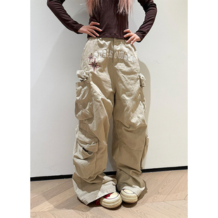 NECOYEP 美式设计感多口袋阔腿工装裤男女宽松休闲百搭拖地长裤